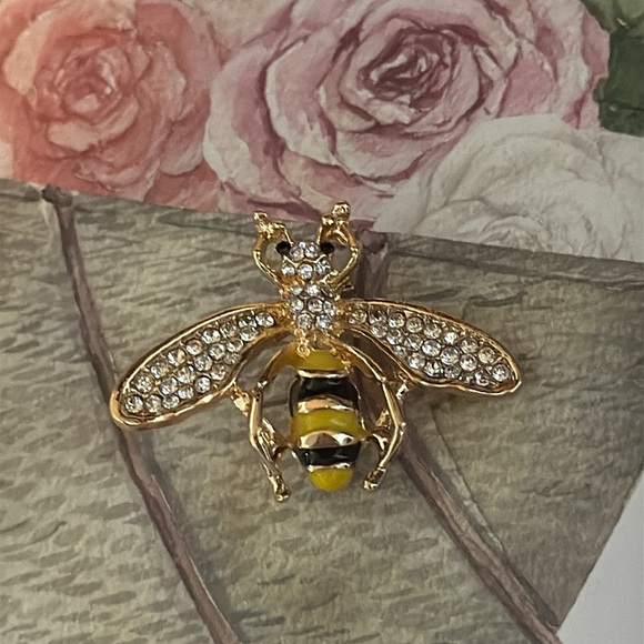 Bee Brooch pin vintage gold tone w/ clear & black rhinestones enamel paint EUC - Picture 3 of 10